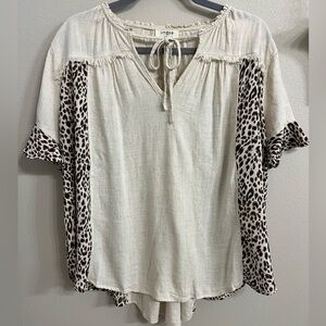 Umgee Short Ruffle Sleeve Leopard Linen Blend Tunic Women’s Large